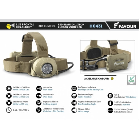 Frontal 300 lumens. Camo. Incluye 3 AA