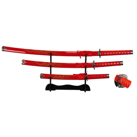 set de 3 katanas rojas con stand