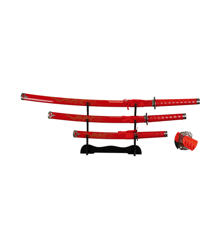 set de 3 katanas rojas con stand
