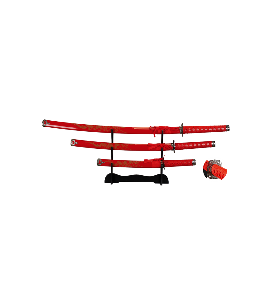 set de 3 katanas rojas con stand