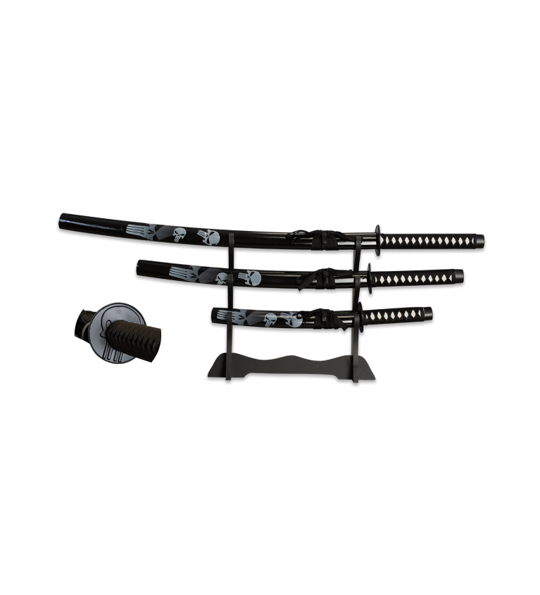 set 3 katanas tole10 calaveras con peana