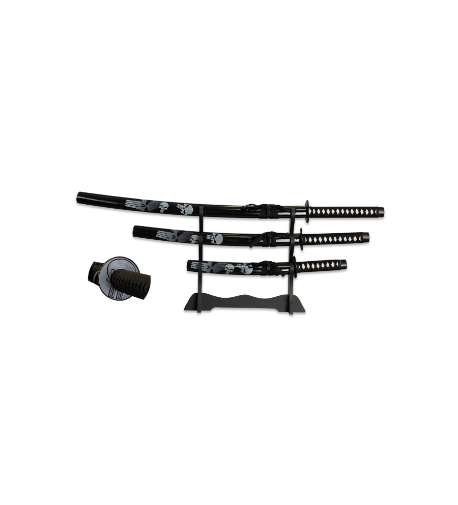 set 3 katanas tole10 calaveras con peana