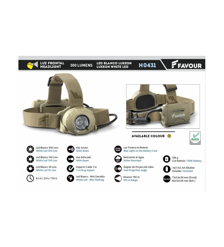 Frontal 300 lumens. Camo. Incluye 3 AA