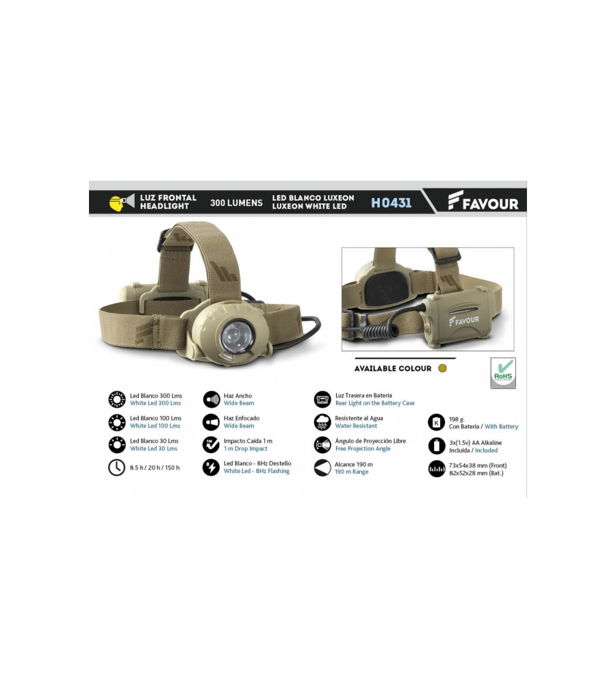 Frontal 300 lumens. Camo. Incluye 3 AA