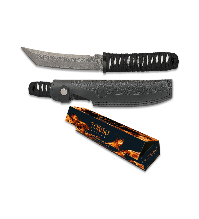 cuchillo Tokisu Damasco CNC. funda piel.