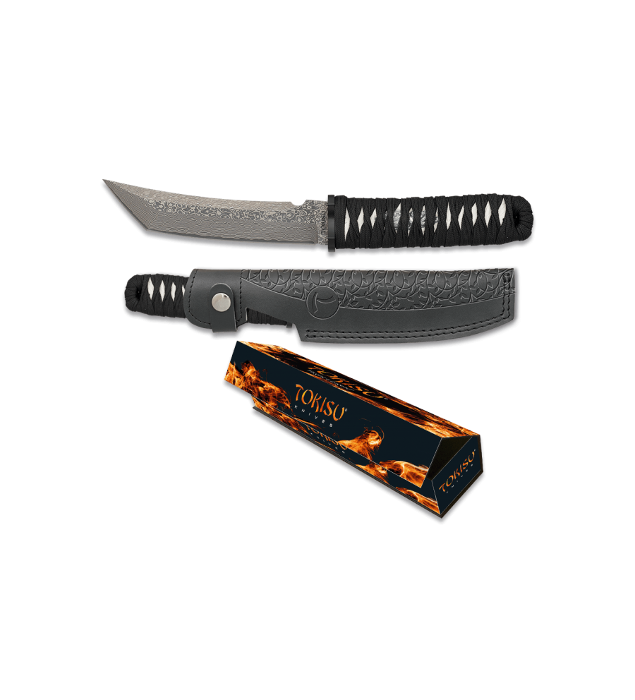 cuchillo Tokisu Damasco CNC. funda piel.