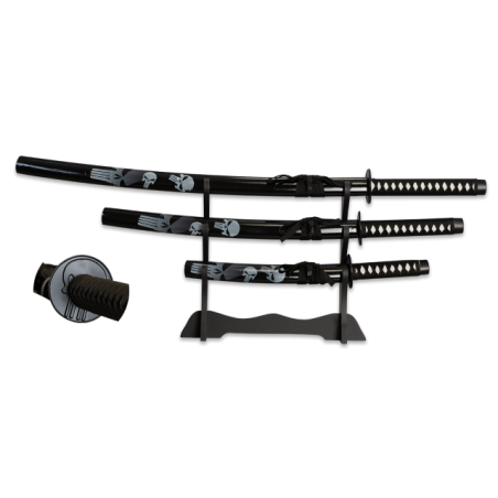 set 3 katanas tole10 calaveras con peana