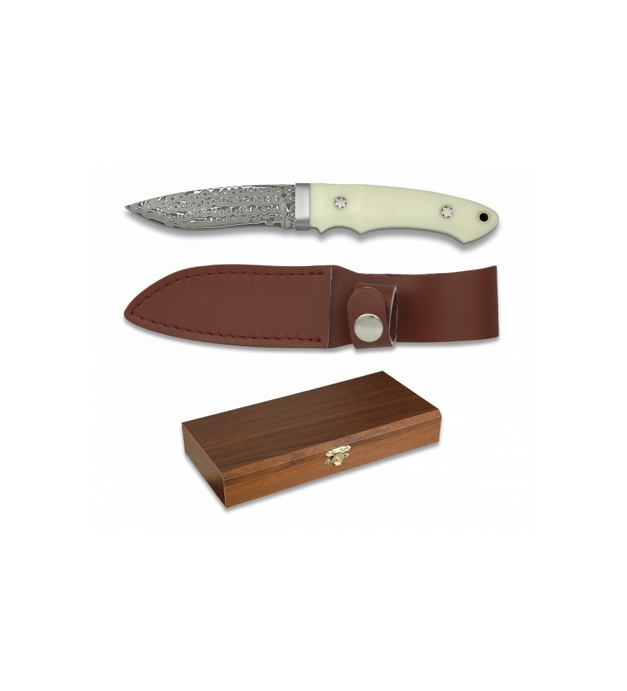 cuchillo damasco con funda piel. H:9.4