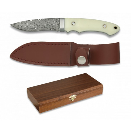 cuchillo damasco con funda piel. H:9.4